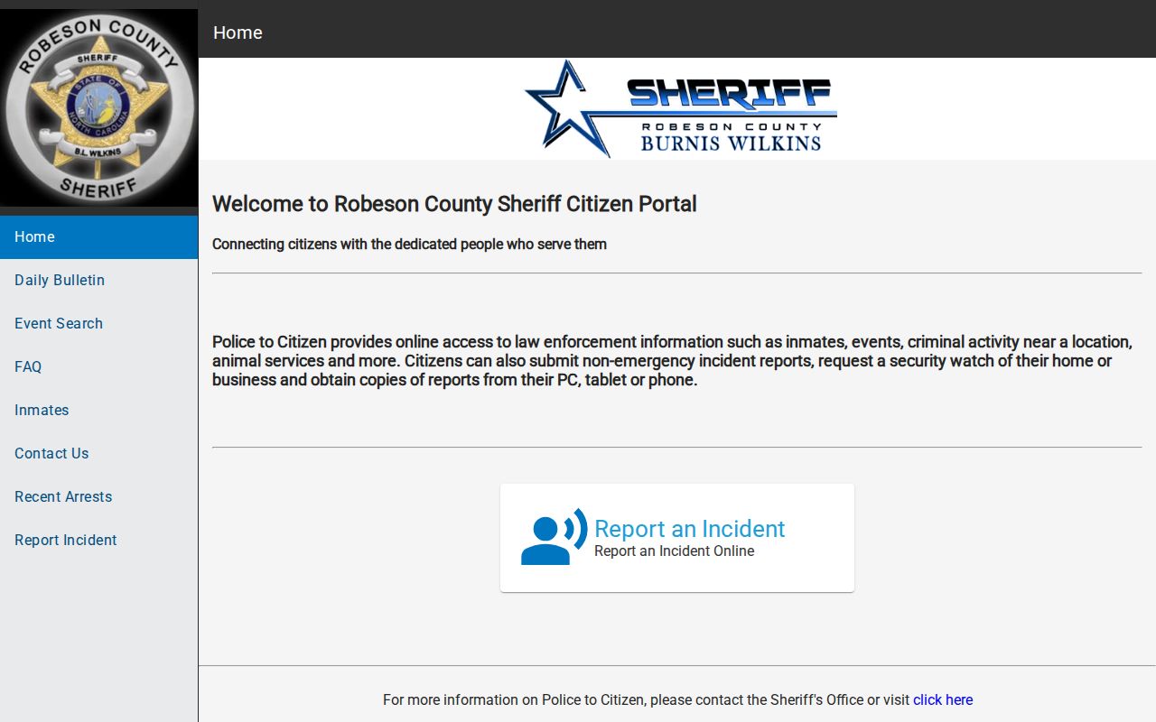 Robeson County Sheriff Police2Citizen recent arrest and custody portal