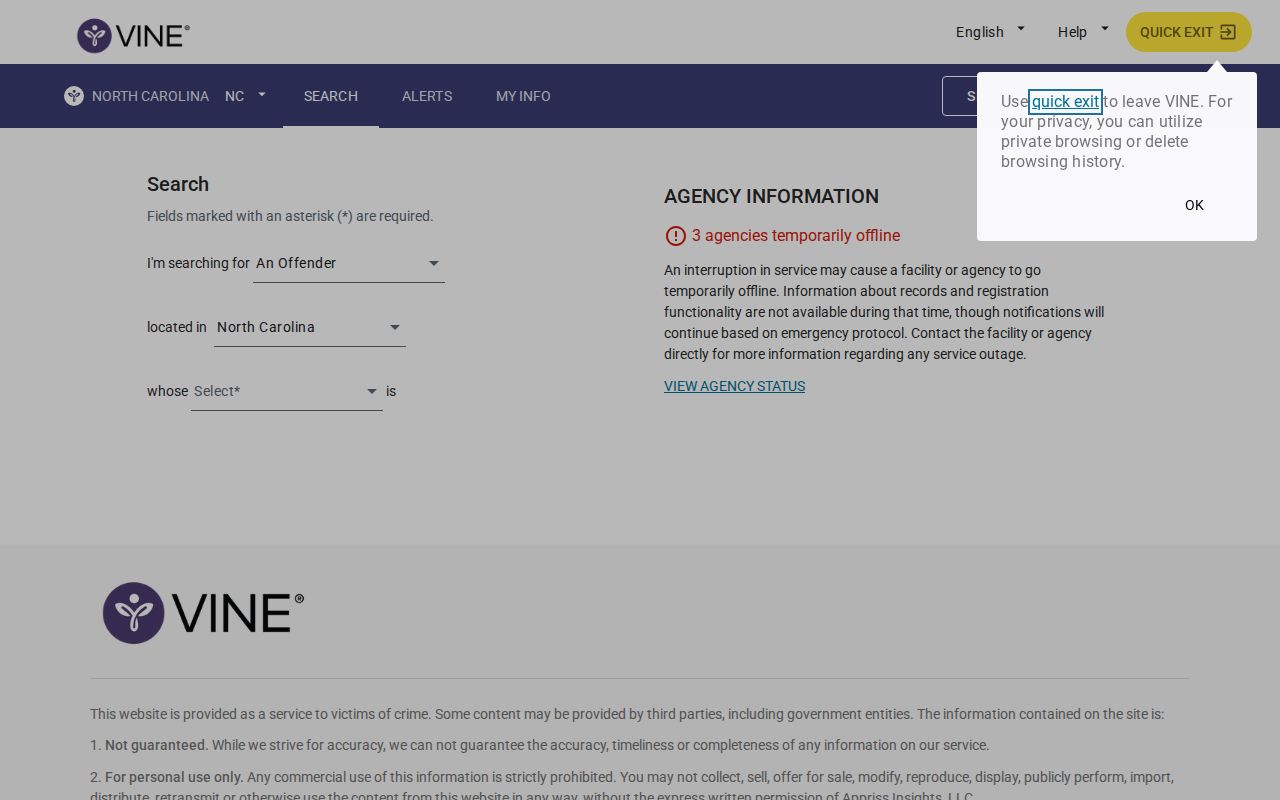 VINELink North Carolina blank custody notification registration screen