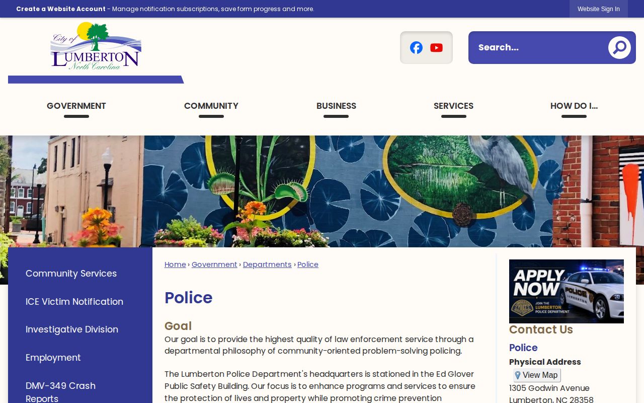 Official Lumberton Police Department webpage with city contact information