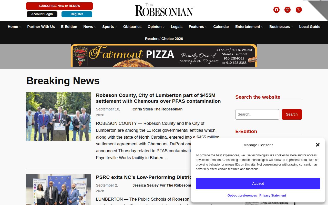 Robesonian Breaking News page with dated local agency coverage